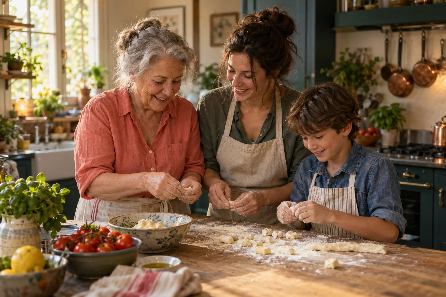 Three generations making fresh pasta together in a sunlit kitchen