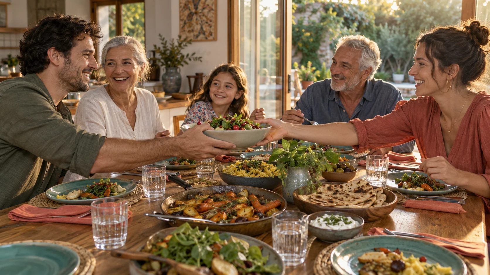 A family sharing salad and a colorful home-cooked dinner around the table