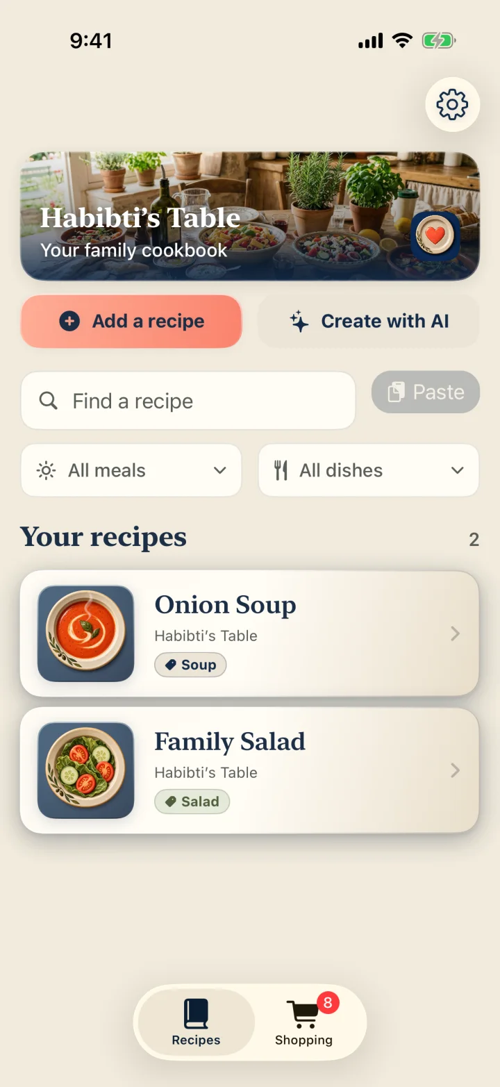 Habibti’s Table cookbook with the family food banner and saved recipes