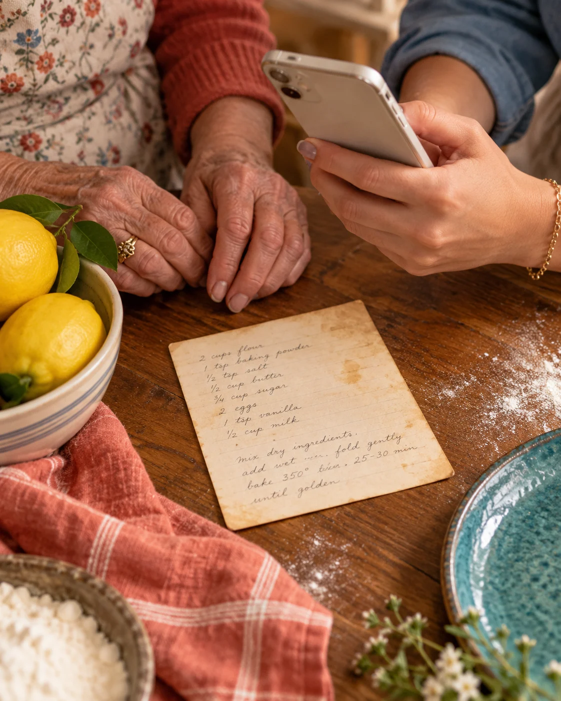 Two generations photographing a handwritten recipe beside fresh lemons